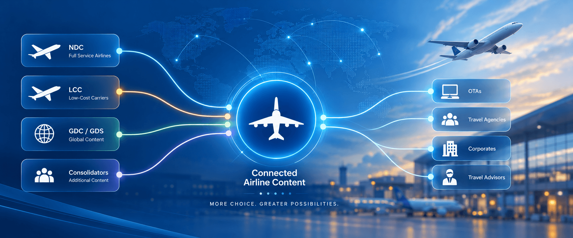 Illustration showing NDC, LCC and other airline content sources connecting through a unified distribution layer to travel sellers.