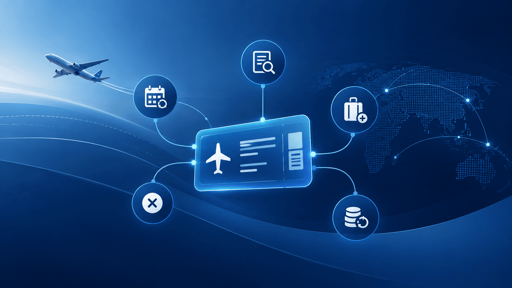Illustration of an airline booking connected to NDC order management functions including retrieval, changes, ancillaries, cancellation and refunds.