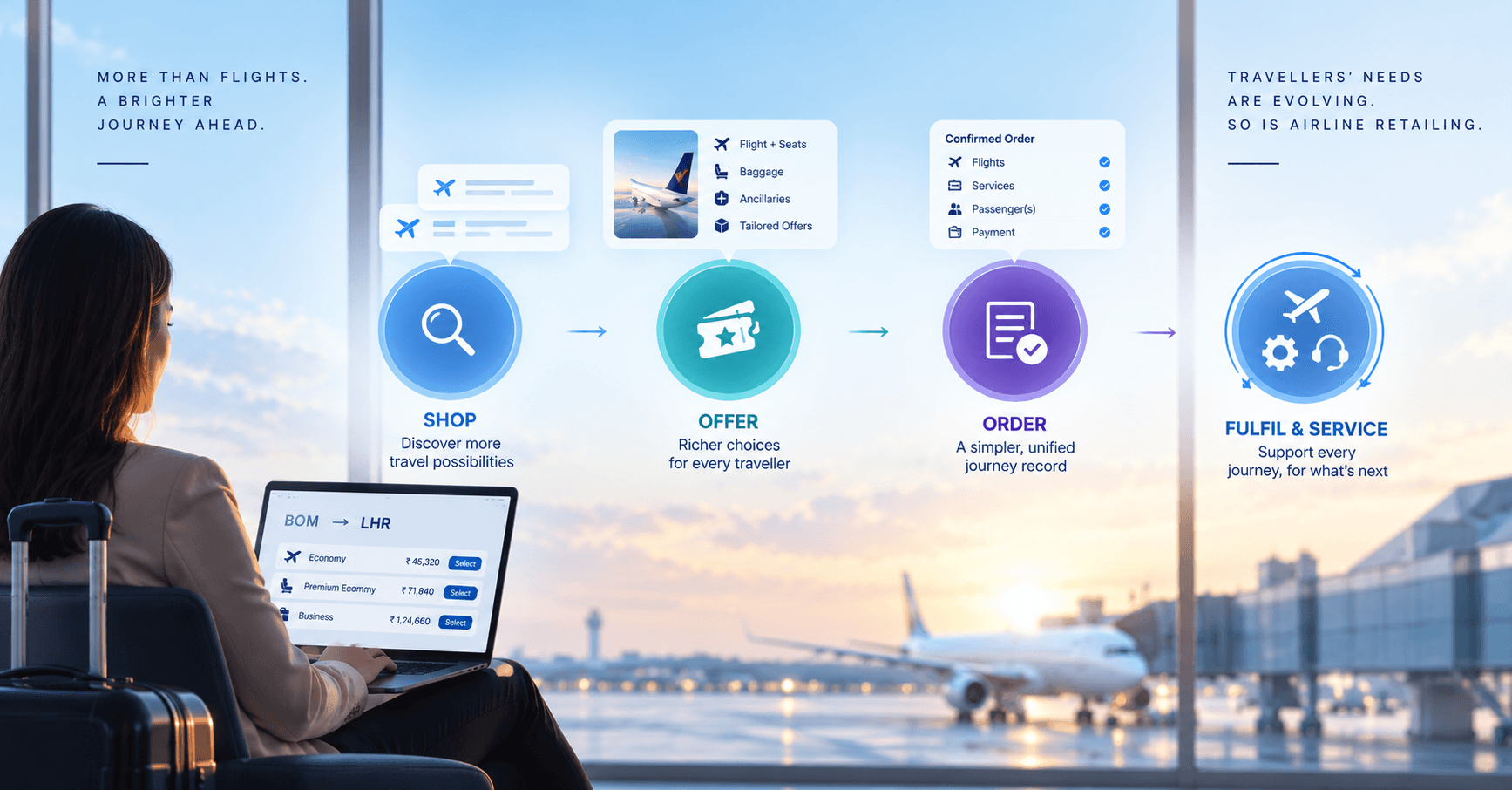Illustration of modern airline retailing progressing from shopping and personalised offers to orders, fulfilment and post-booking servicing.