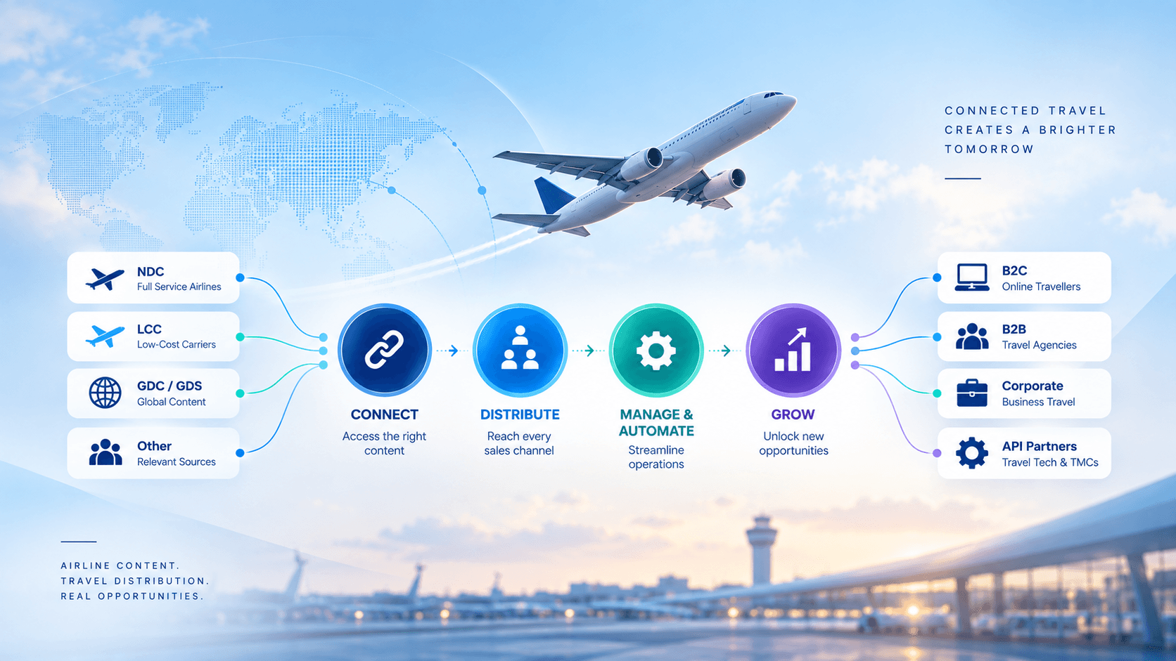 Illustration showing airline content moving through connect, distribute, manage and automate, and grow stages into multiple travel distribution channels.