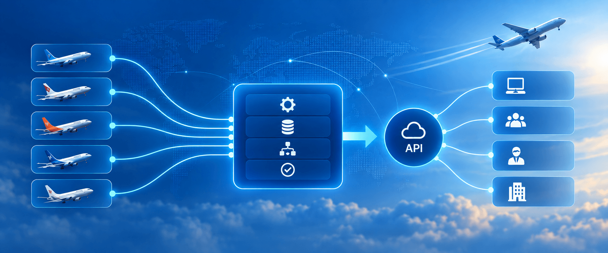 Diagram showing multiple airline and content APIs being aggregated and normalised into a unified API for OTAs, TMCs, travel agencies and corporates.